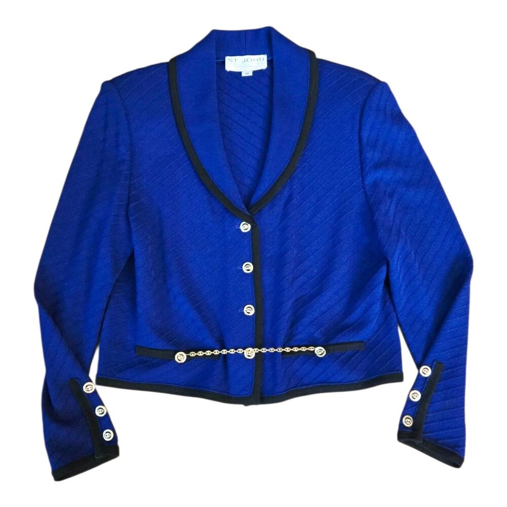 St John Collection Royal Blue Jacket Blazer Gold Hardware Chain Size 10 Vintage